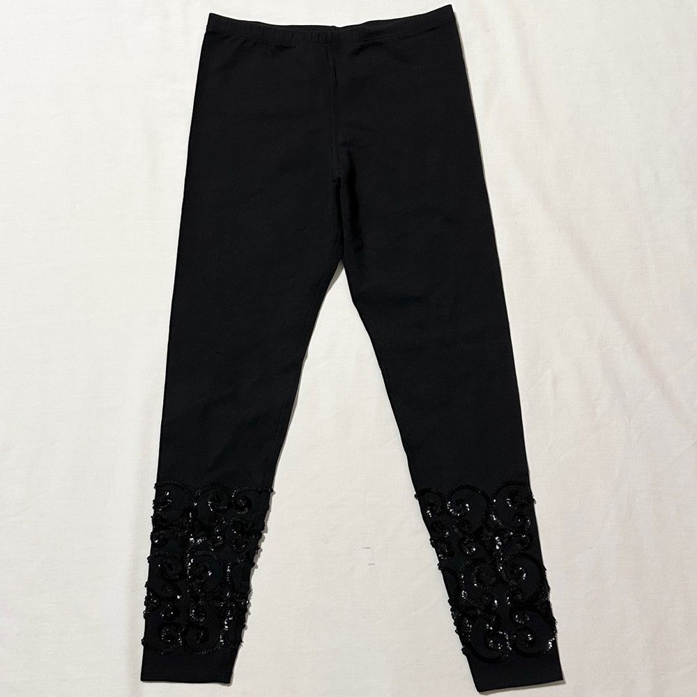 Vintage Helios Sock Hop Black Leggings w/Fancy Sequin Design on Lower Legs - OS